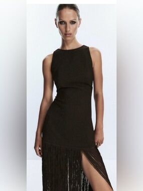 Zara Brown Fringe Fitted Dress- Small